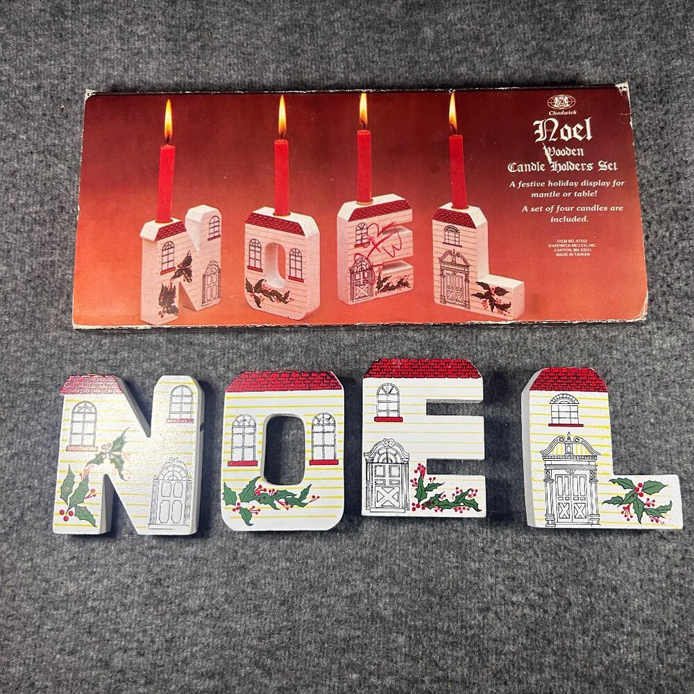 Vintage Chadwick Wooden Christmas Santa Noel Candle holder Set (no candles)